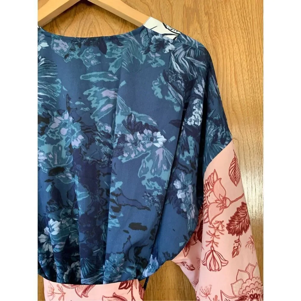Anthropologie Tori Floral Cropped Belted Kimono Blue Multi One Size - Picture 10 of 13